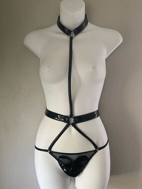 Victoria's Secret Black Patent Strappy Harness Teddy